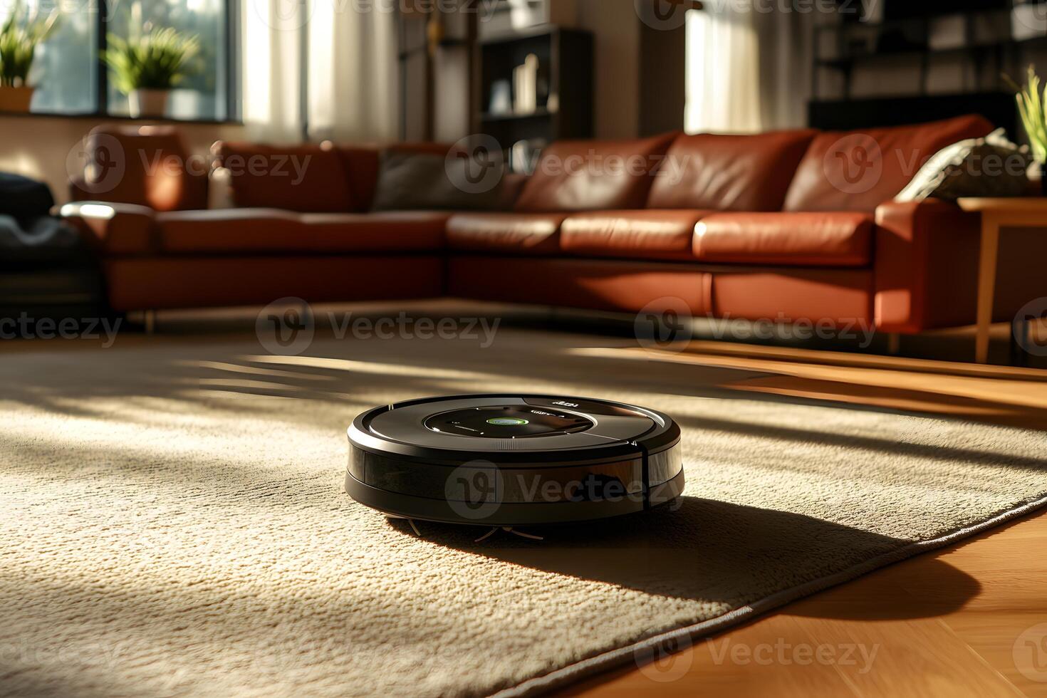 Modern Robotic Vacuum Cleaner Operating in a Cozy Living Room Setting with Natural Light Streaming Through Large Windows photo