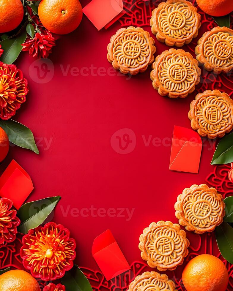 Festive Celebration Background with Mooncakes, Oranges, and Floral Decorations for Lunar New Year, Mid-Autumn Festival, and Other Celebrations in Red and Gold Theme photo