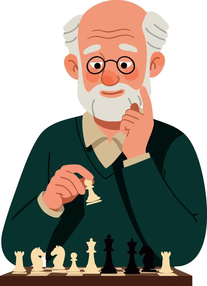Elderly man playing chess thoughtful senior player strategy concept illustration vector