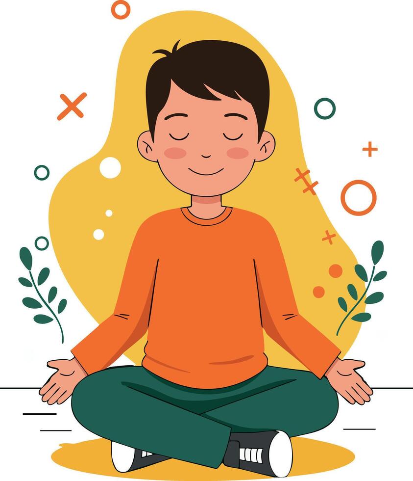 Boy Meditating in Lotus Pose with Relaxed Expression and Abstract Background Illustration vector