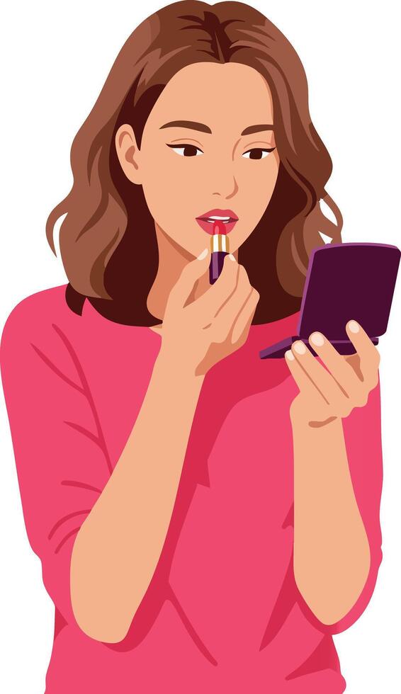 Woman Applying Lipstick Using Mirror in Pink Shirt Illustration vector