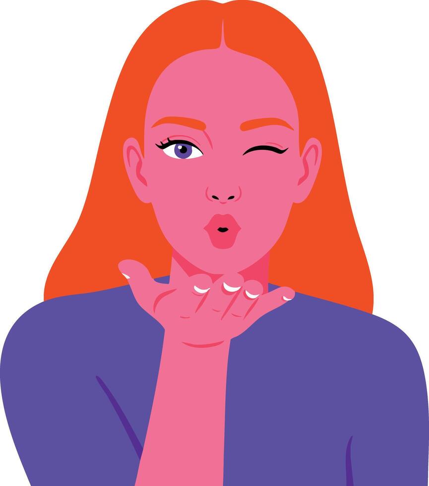 Woman blowing kiss with red hair and purple shirt illustration portrait vector