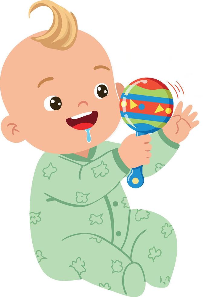 Baby Playing with Colorful Rattle Toy in Green Pajamas Illustration vector