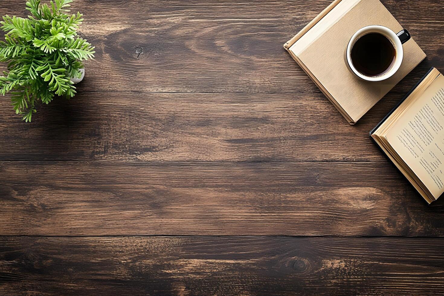 Cozy Reading Space with Books, Coffee, and Greenery on Rustic Wooden Surface for Relaxation, Inspiration, and Productivity in a Comfortable Environment photo