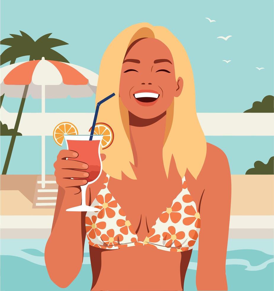 Woman enjoying tropical drink by pool in floral bikini with palm trees and beach background vector
