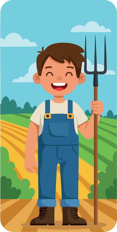 Young farmer holding pitchfork standing on farmland with blue sky and clouds illustration vector