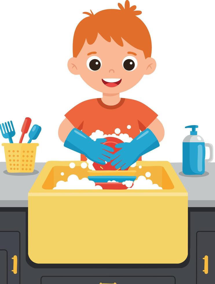 Boy washing dishes in kitchen with yellow sink and blue gloves illustration vector