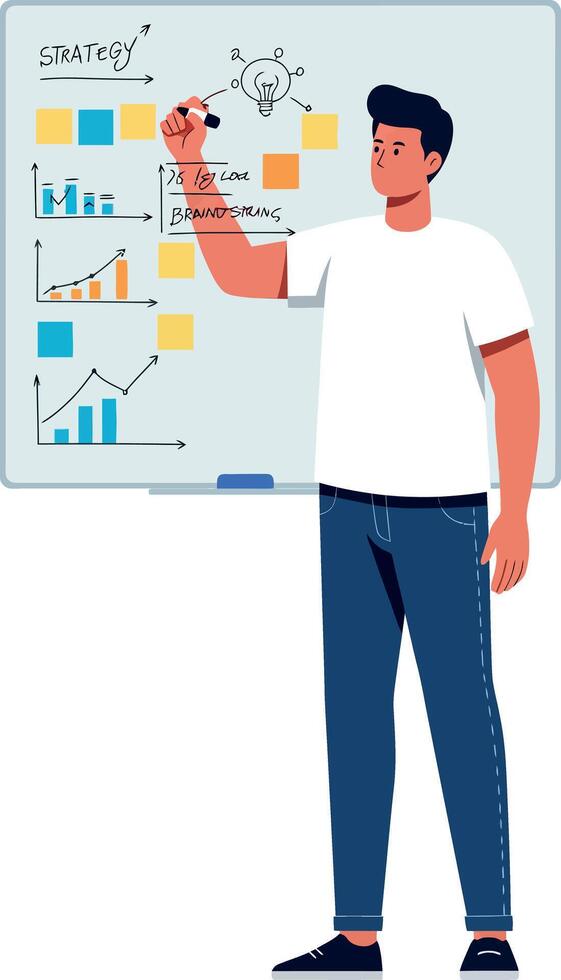 Man Analyzing Business Data Charts on Whiteboard in Office Illustration vector