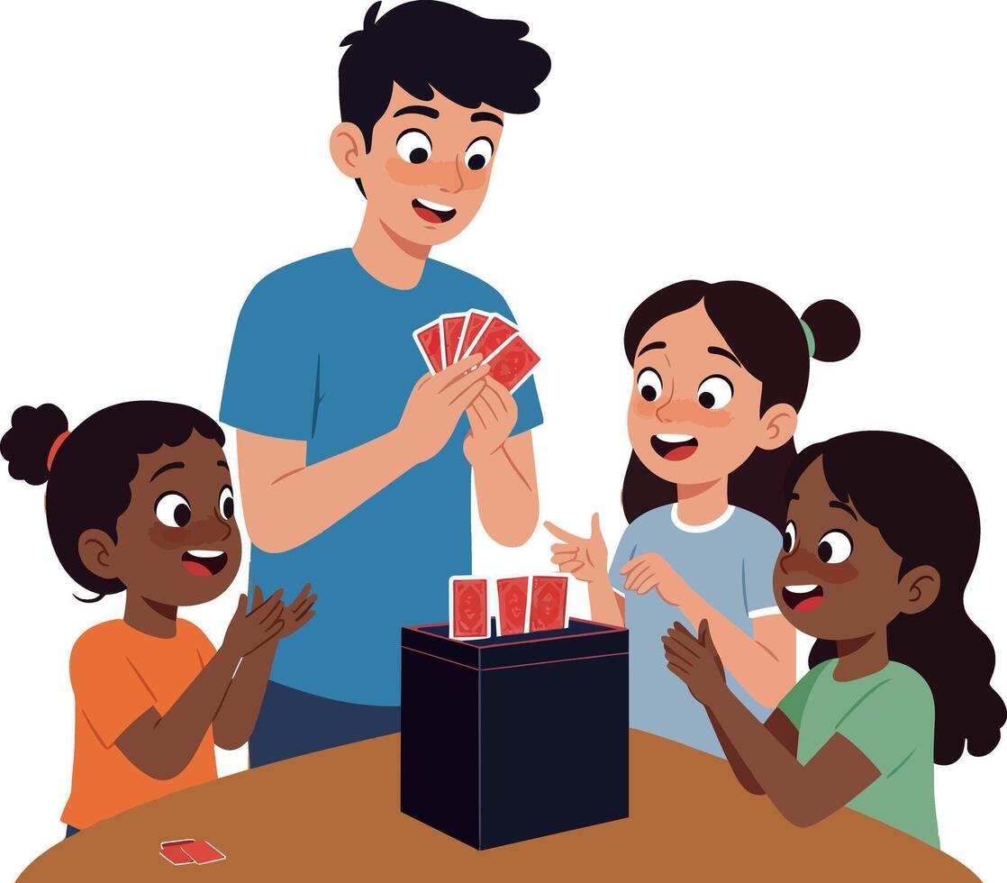 Children Playing Card Game Together Around Table in Casual Setting Illustration vector