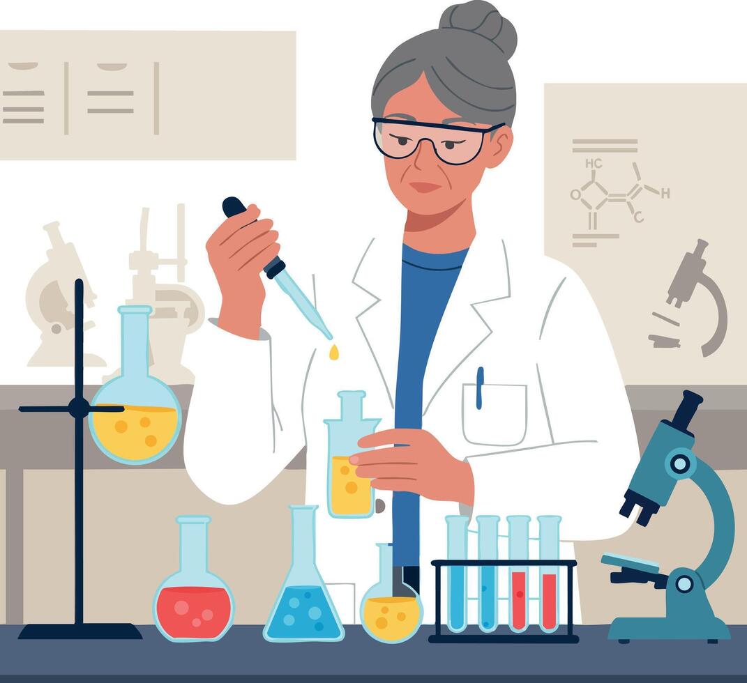 Female scientist conducting chemical experiment in laboratory with test tubes and microscope illustration vector