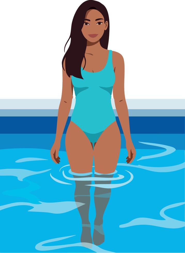 Woman standing in blue swimsuit waist-deep in swimming pool water illustration vector