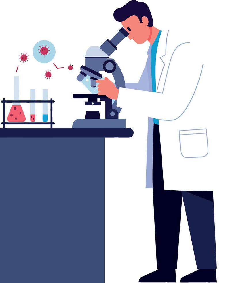 Scientist examining microorganisms under microscope in laboratory setting illustration vector