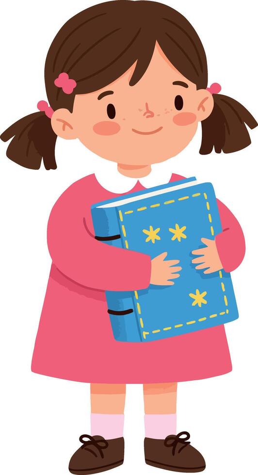 Little girl holding blue book in pink dress with brown shoes illustration vector