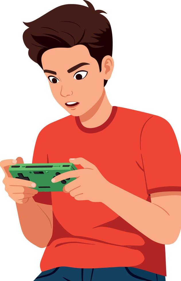 Boy playing game with green console focused expression casual clothing illustration vector