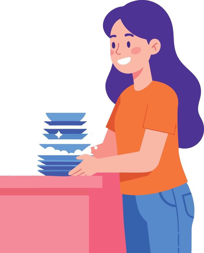 Young woman stacking clean dishes on kitchen counter in casual outfit illustration vector