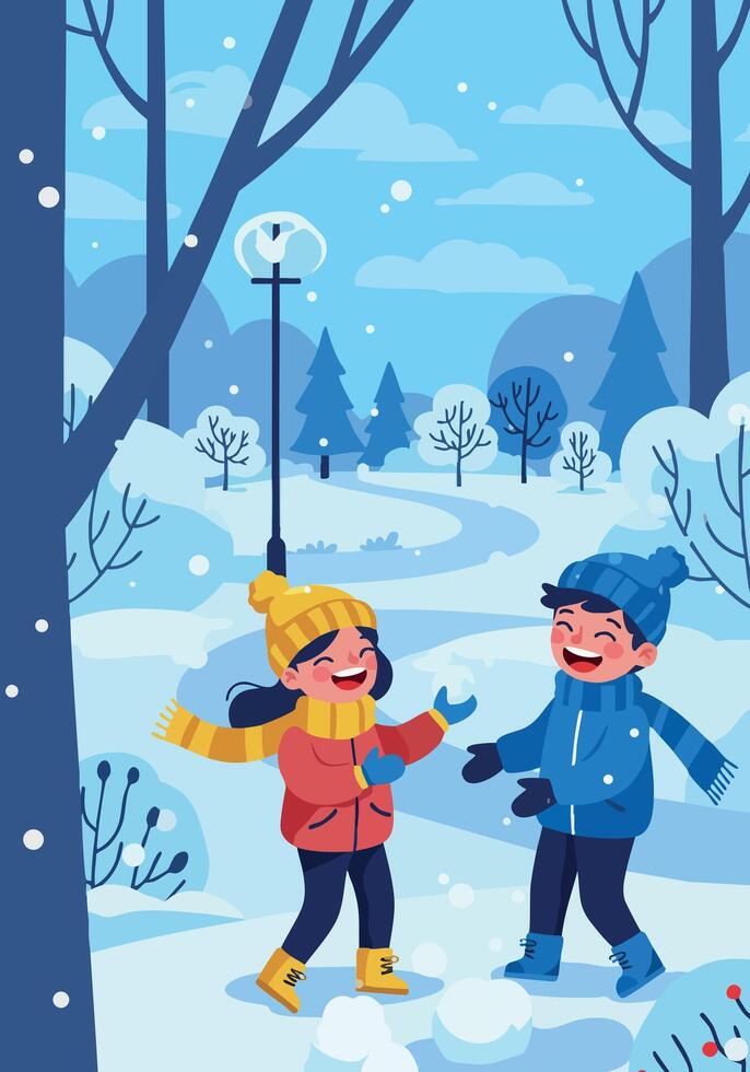 Children Playing in Snowy Winter Landscape with Trees and Lamp Post Illustration vector