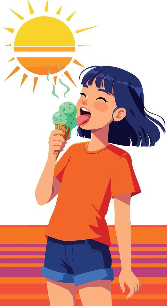 Girl enjoying mint ice cream cone outdoors under bright sun in summer day illustration vector