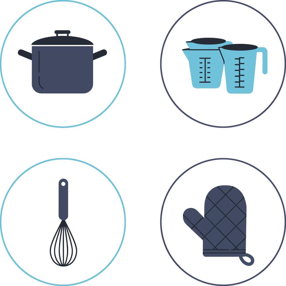 Kitchen utensils cooking pot measuring cups whisk and oven mitt icons set vector