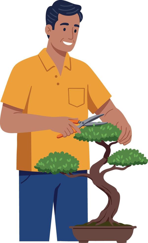 Man Trimming Bonsai Tree in Pot Gardening Hobby Illustration vector