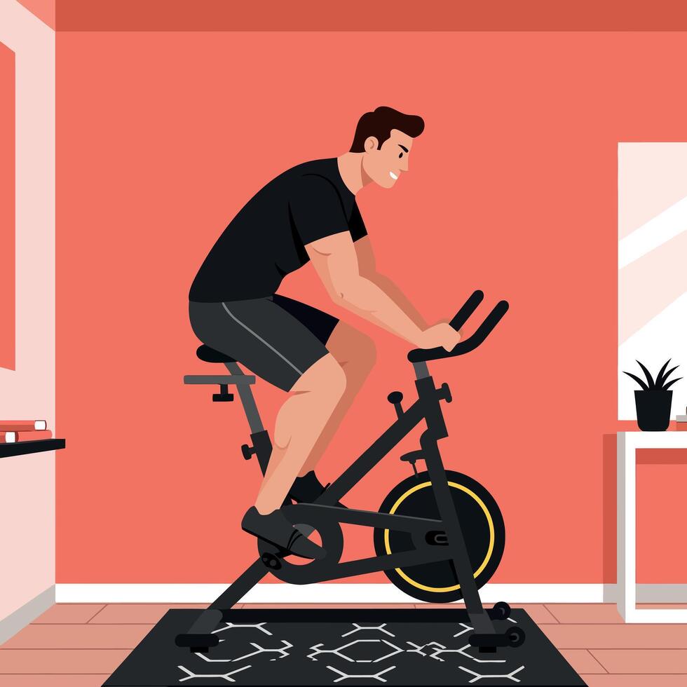 Man Exercising on Indoor Stationary Bike in Red Room Illustration vector