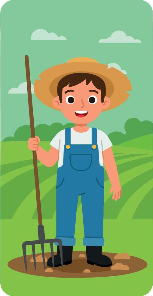 Young farmer boy standing in green field with pitchfork illustration vector