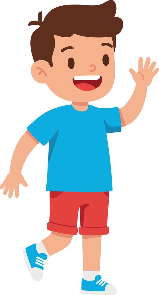 Happy young boy waving hand in blue shirt and red shorts illustration vector