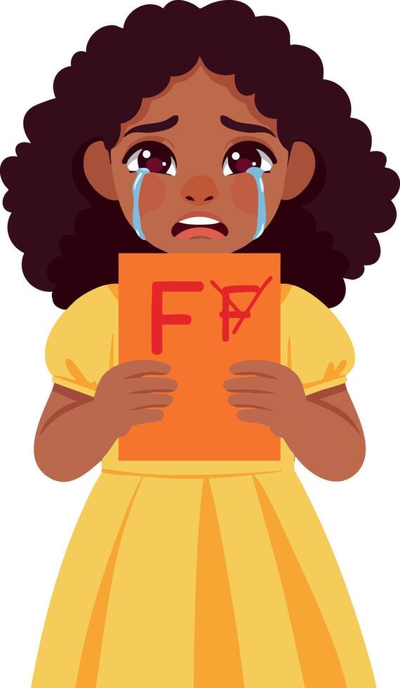 Sad girl crying holding failed exam paper emotional school child illustration vector