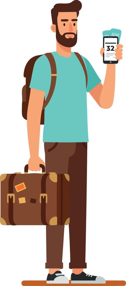 Young man traveler holding phone with flight boarding pass and suitcase illustration vector