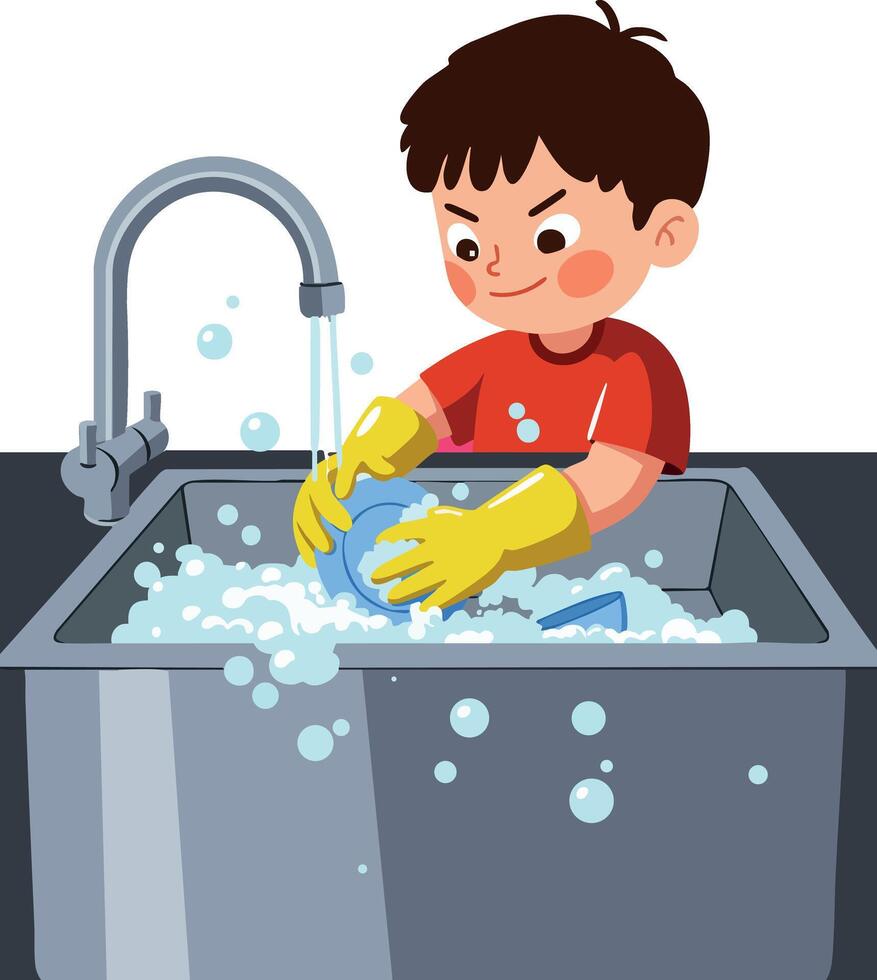 Boy washing dishes in kitchen sink with yellow gloves and red shirt illustration vector