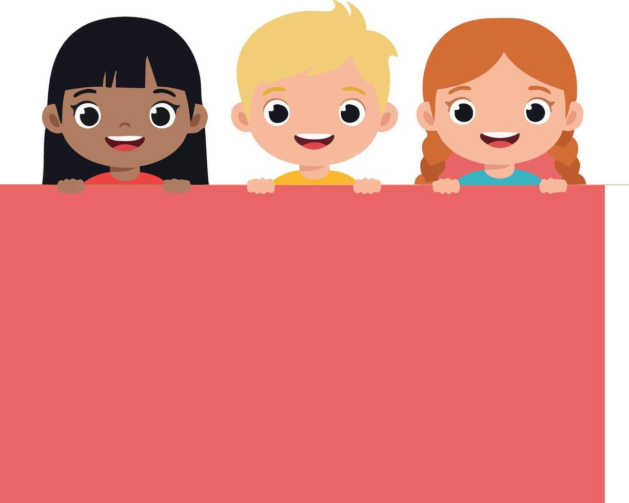 Diverse children holding blank red sign illustration with happy expressions vector