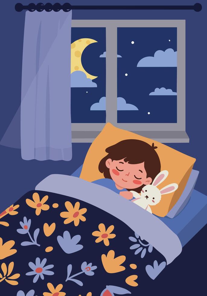 Child sleeping peacefully with stuffed bunny under floral blanket at night illustration vector