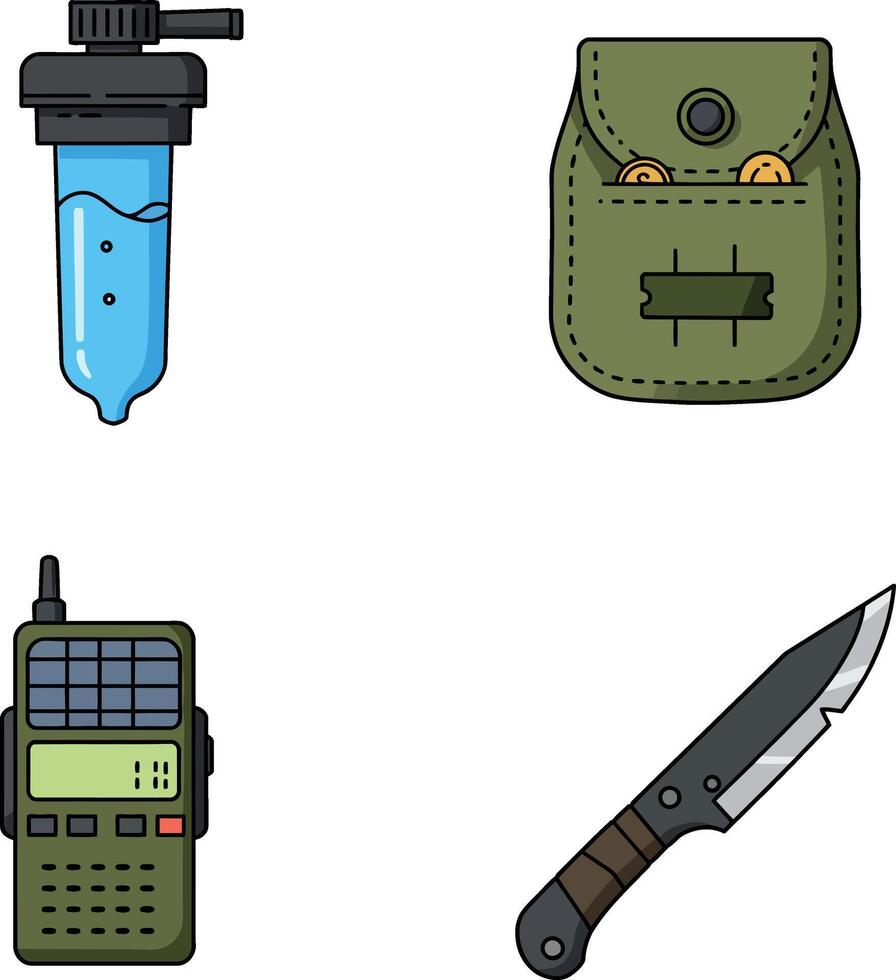 Survival gear set with water filter radio knife and pouch outdoor essentials illustration vector