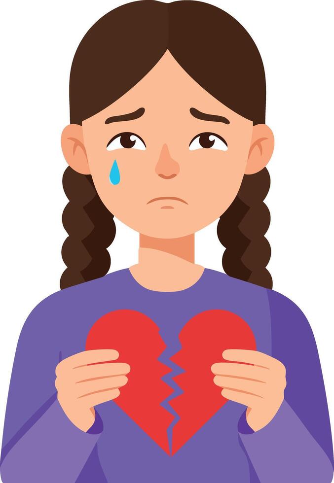 Sad girl holding broken heart crying emotional illustration portrait vector