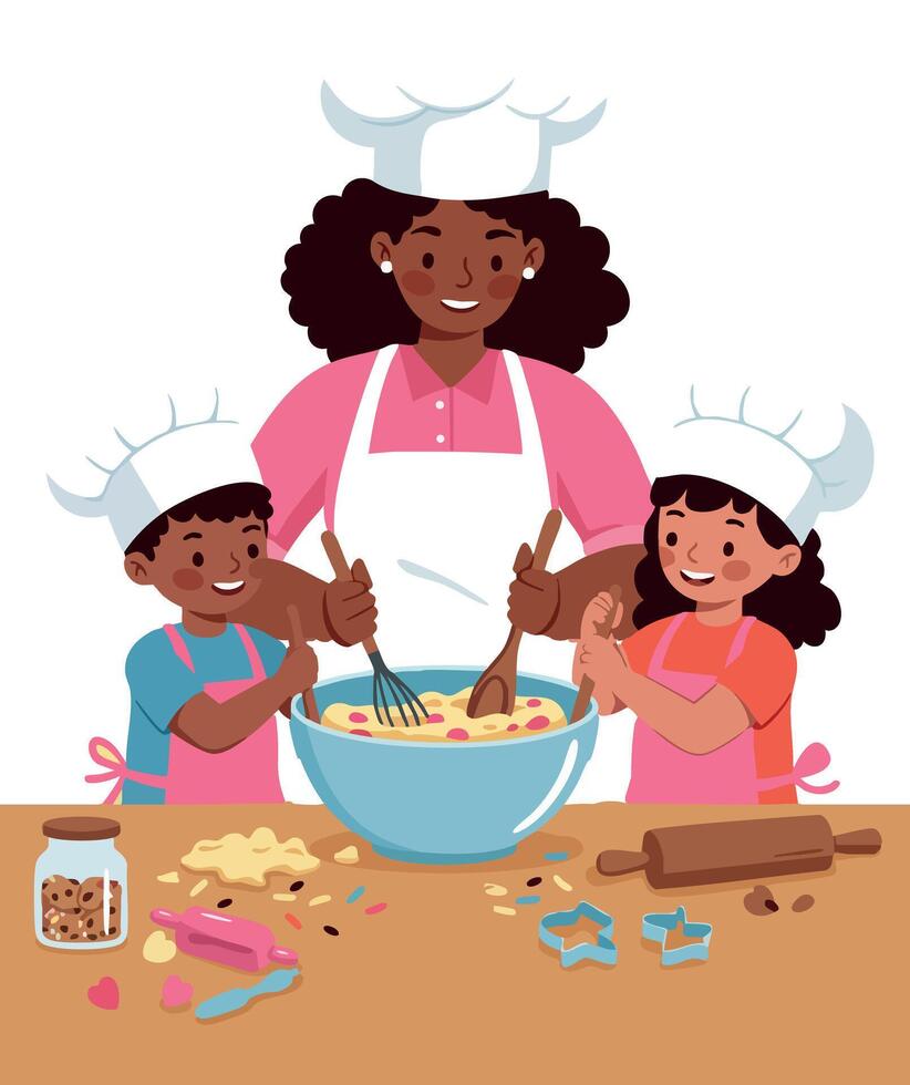 Woman and children cooking together baking cookies family kitchen scene vector