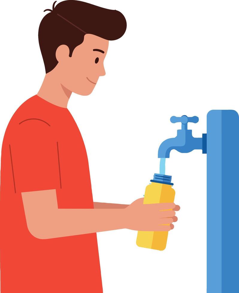 Young man filling water bottle from outdoor tap illustration in red shirt vector