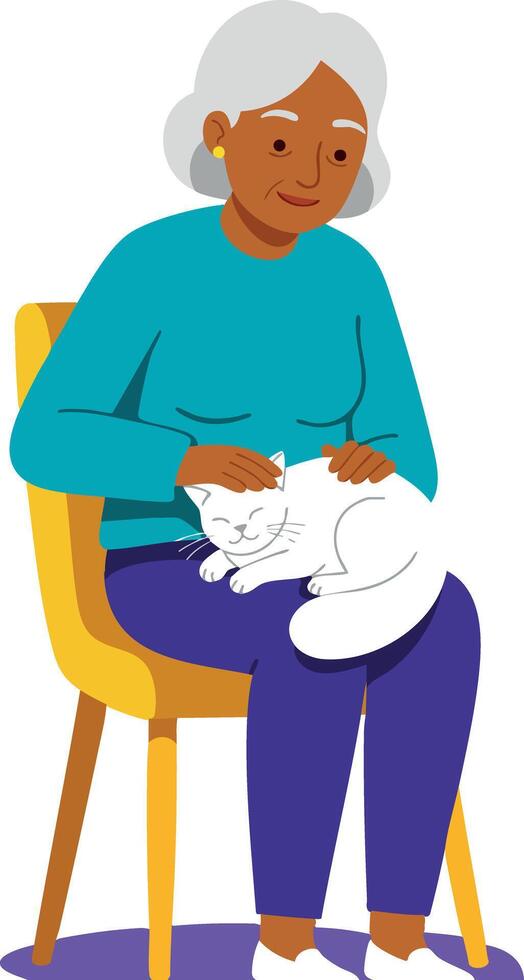 Elderly woman sitting on chair petting white cat in cozy indoor setting vector