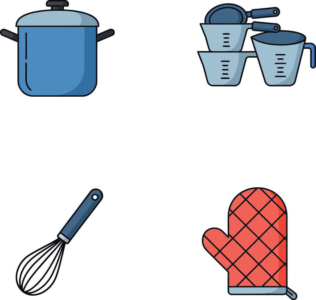 Blue cooking pot measuring cups whisk and red oven mitt kitchen utensils set illustration vector