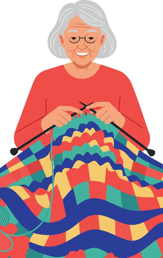 Elderly Woman Knitting Colorful Patchwork Quilt in Red Sweater Illustration vector