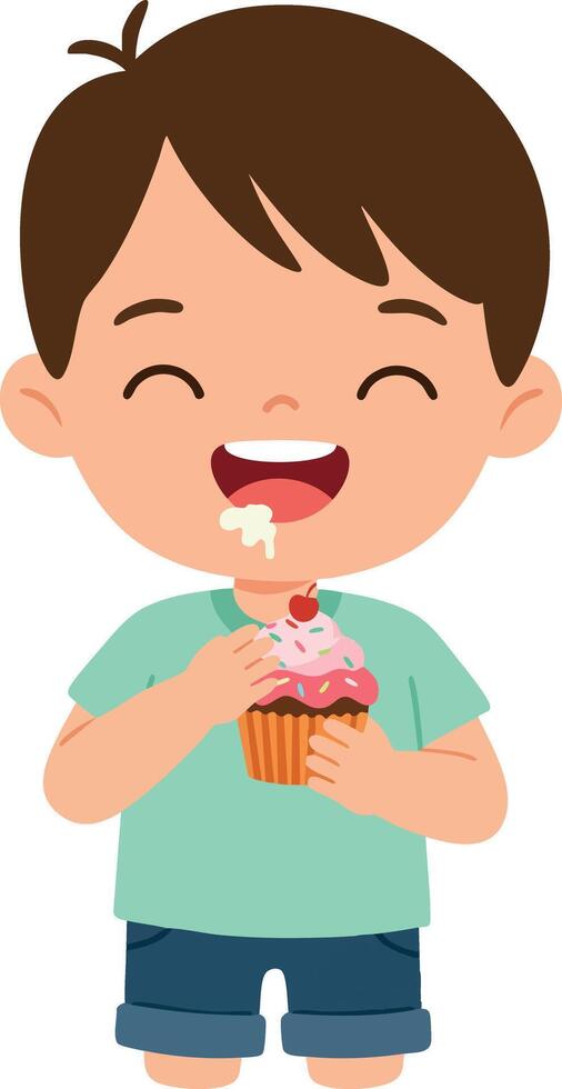 Happy boy eating pink cupcake with chocolate topping smiling cheerful illustration vector