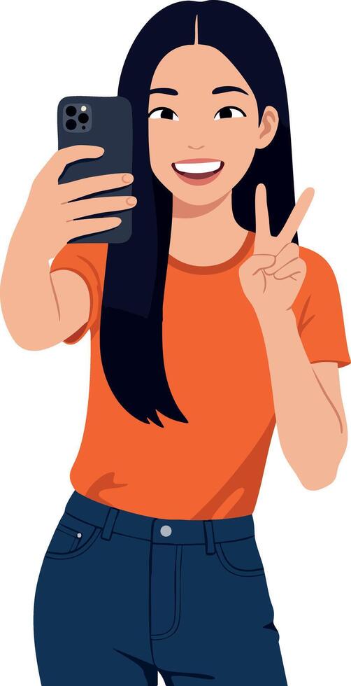 Young woman taking selfie with smartphone showing peace sign in casual outfit illustration vector