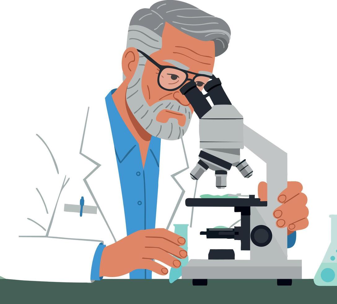 Scientist examining sample through microscope in laboratory research environment illustration vector