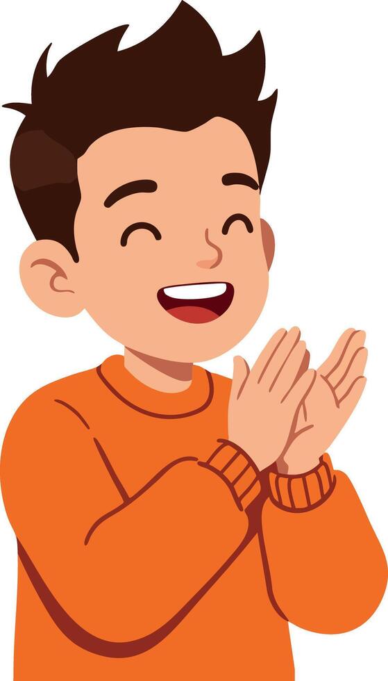 Happy boy clapping hands in orange sweater smiling joyfully illustration vector