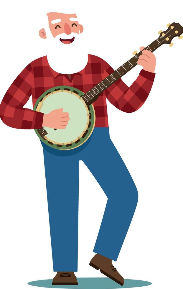 Elderly man playing banjo joyful music performance illustration vector