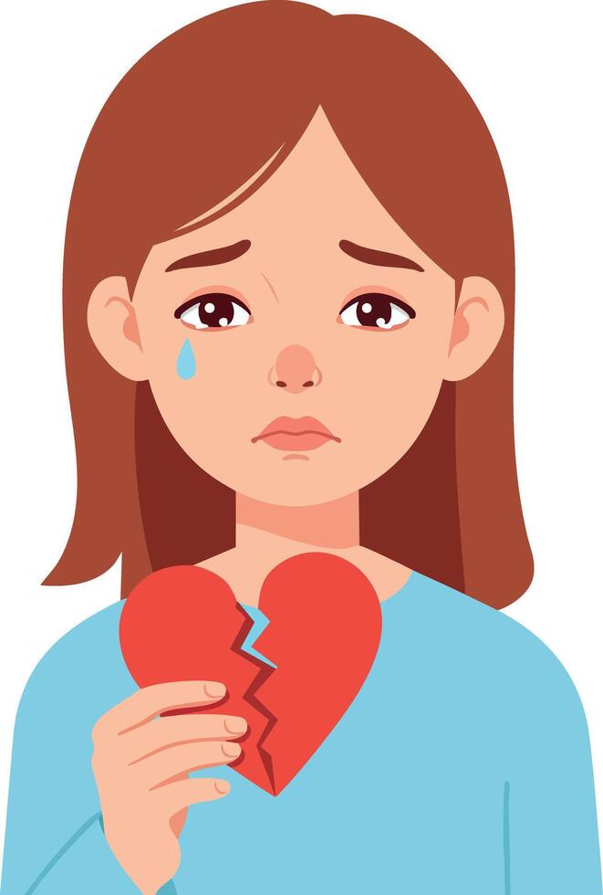 Sad girl holding broken heart emotional loneliness and heartbreak illustration vector