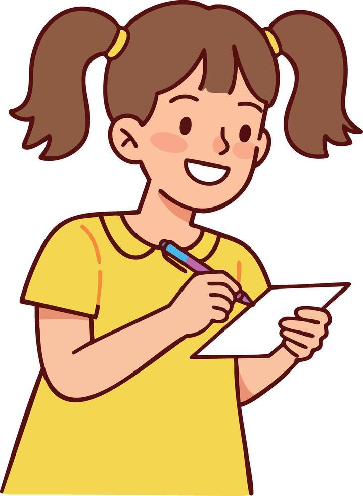 Girl writing on notepad with pencil cheerful expression illustration vector