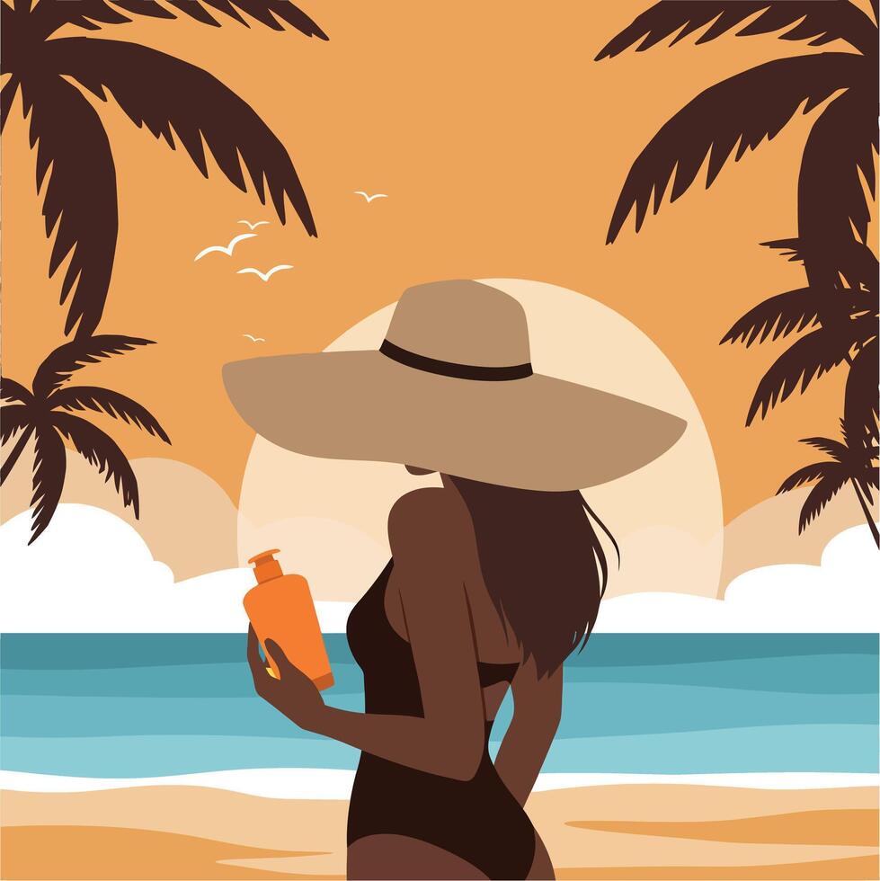 Woman in black swimsuit holding sunscreen on tropical beach with palm trees and sunset illustration vector
