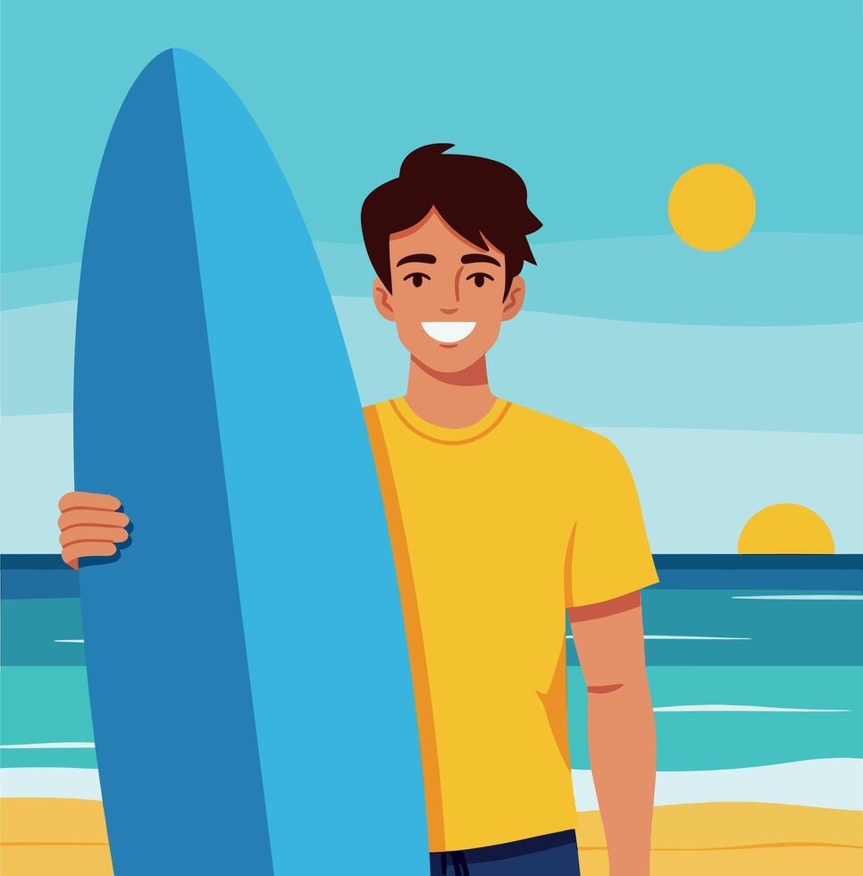 Young man holding blue surfboard at sunny beach with ocean waves and yellow sun illustration vector
