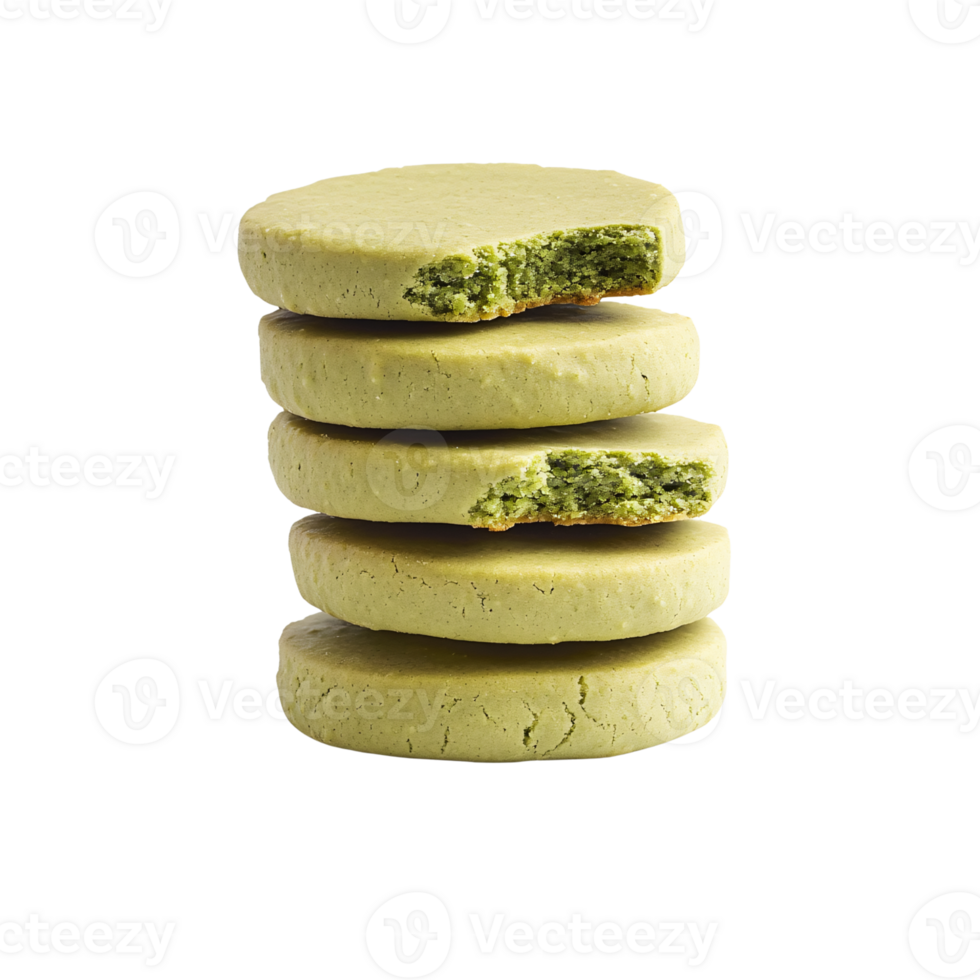 Stack of delicious matcha cookies with a bite taken out on a transparent background Concept of healthy eating, indulgence, and Japanese sweets png