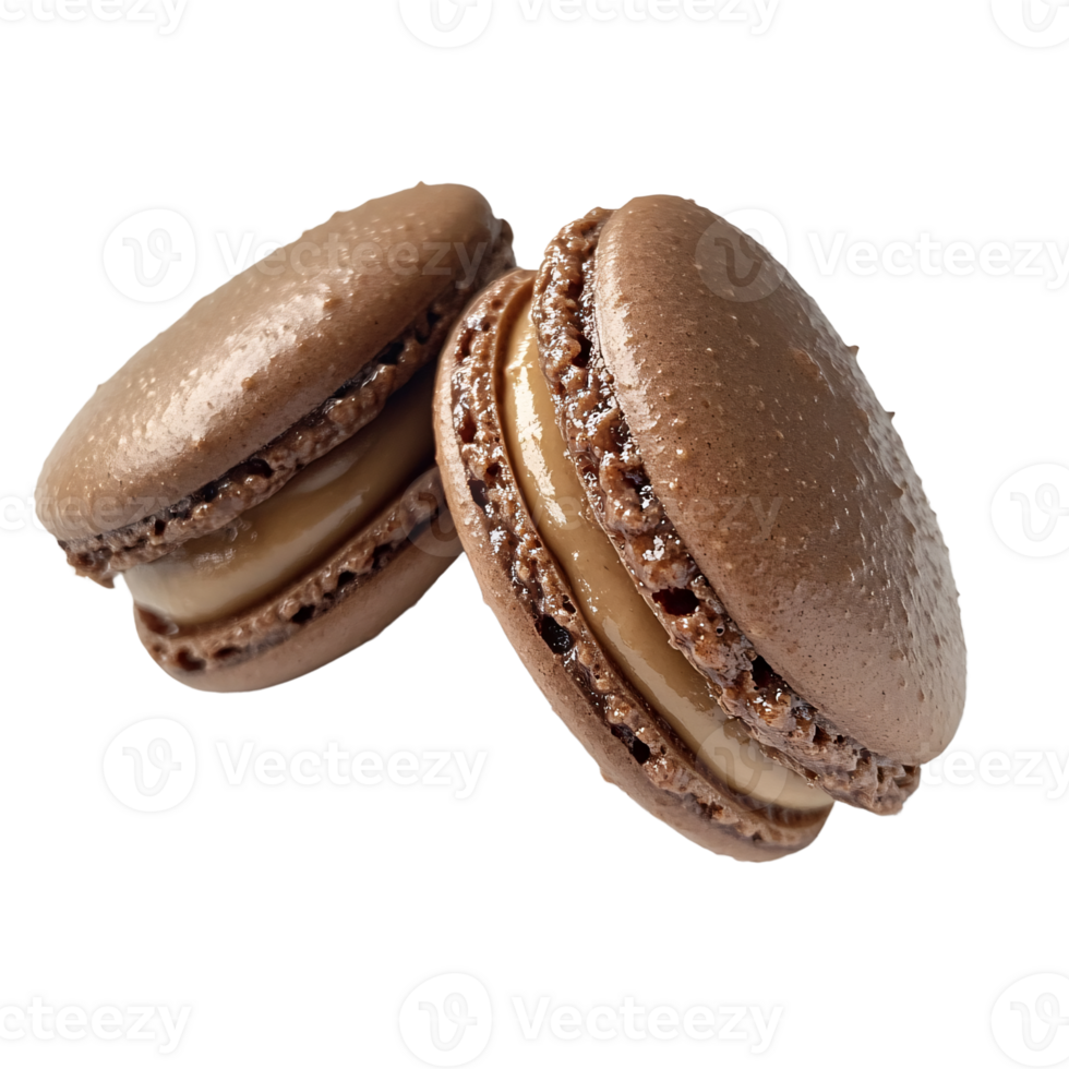 Two delicious chocolate macarons with caramel filling on a transparent background Closeup of sweet French dessert, perfect for confectionery and bakery concepts png