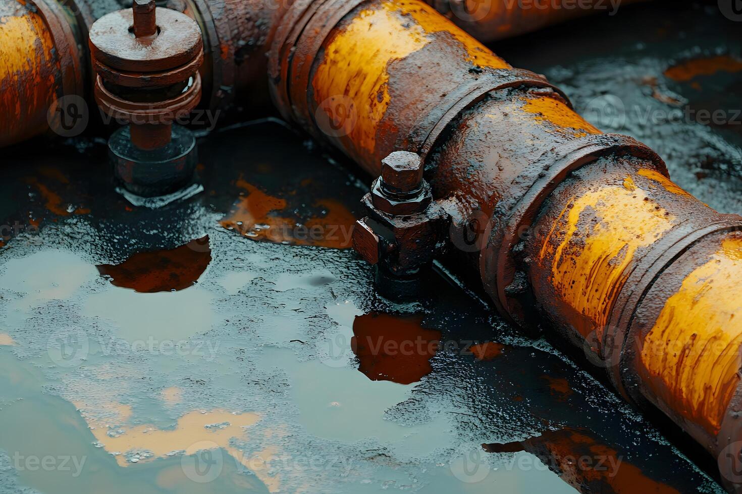 Rusty Industrial Pipes with Leaking Oil Puddle on Grimy Surface, Highlighting the Impact of Weathering on Metal Structures in Urban Settings photo